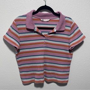 SO Waffle Knit Purple Striped Cropped Polo Shirt Size X Large